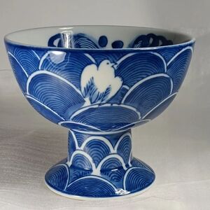 Vtg. Porcelain Rice Bowl Blue on White.  Design of Waves, Birds and A Rabbit.